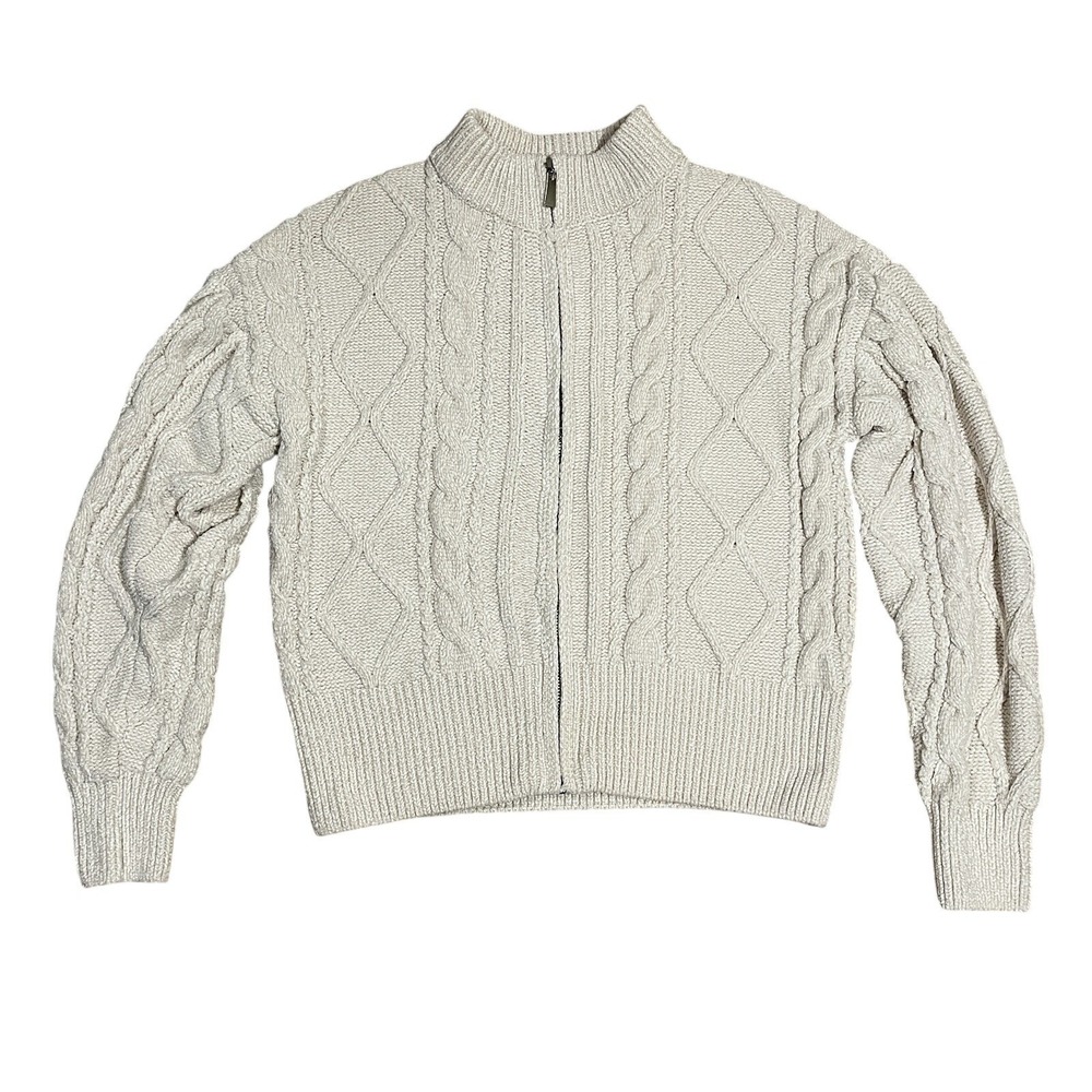 Rachel‎ Zoe Chunky Cable Knit Zip Up Cardigan Sweater Cream Cozy